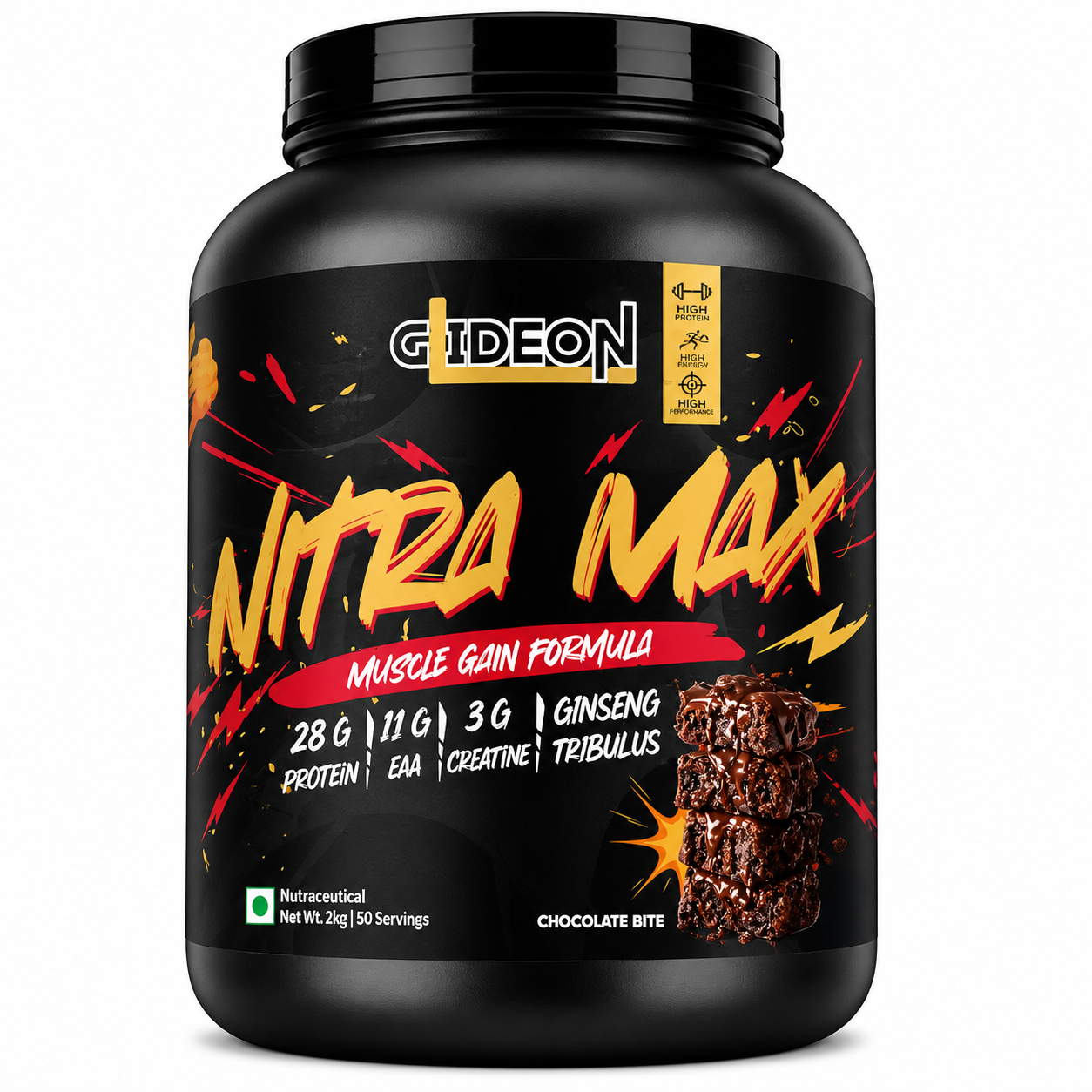 Gideon Nutrition Nitro Max Mass Gainer – Advanced Muscle Gain Formula (Chocolate Bite, 2 kg)