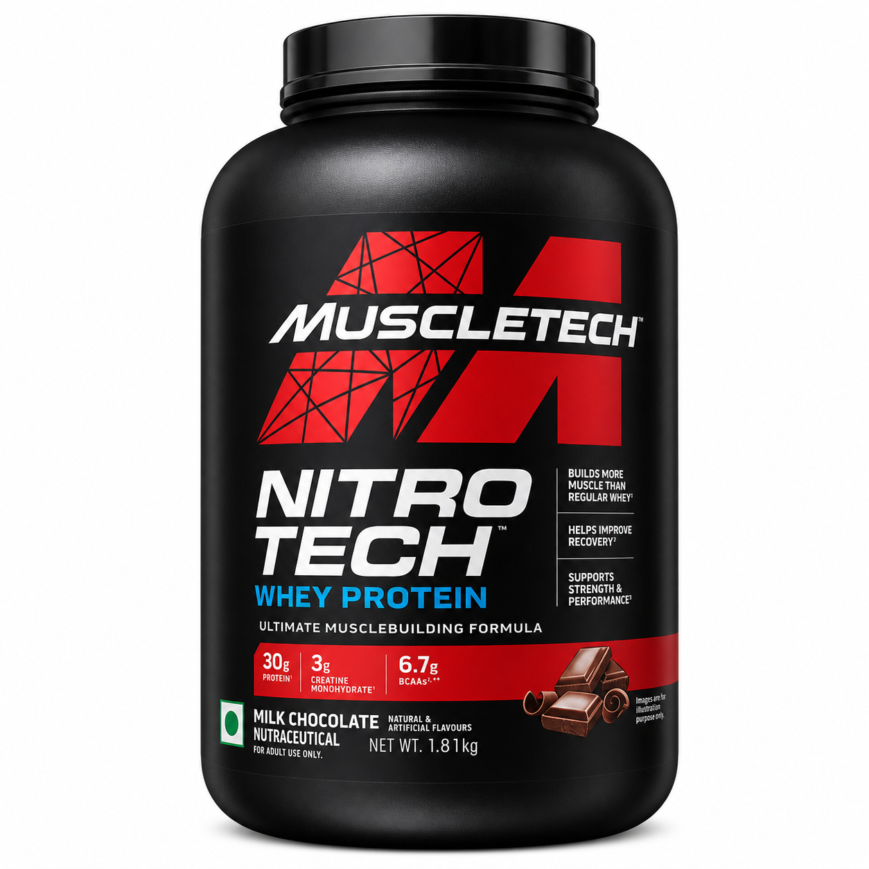 MuscleTech NitroTech Whey Protein Powder (Milk Chocolate) – Advanced Muscle Building Formula (1.81 kg)