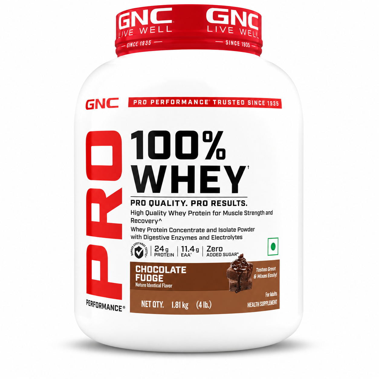 GNC Pro Performance 100% Whey Protein (Chocolate Fudge) – 24g Protein | Muscle Growth & Recovery | 1.81kg