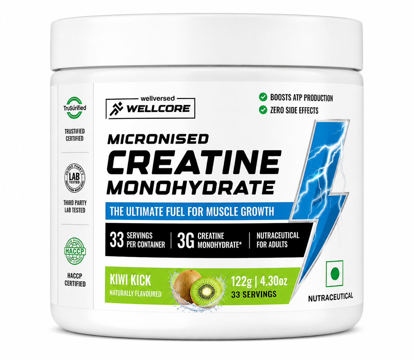 Wellcore Micronised Creatine Monohydrate – Kiwi Kick Flavour (122 g, 33 Servings)